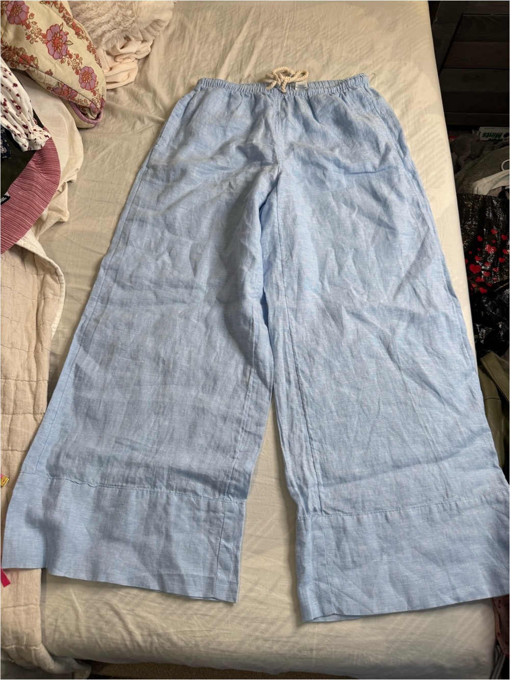 Light Blue Wide-Leg Linen Blend Pants – Casual Drawstring Waist